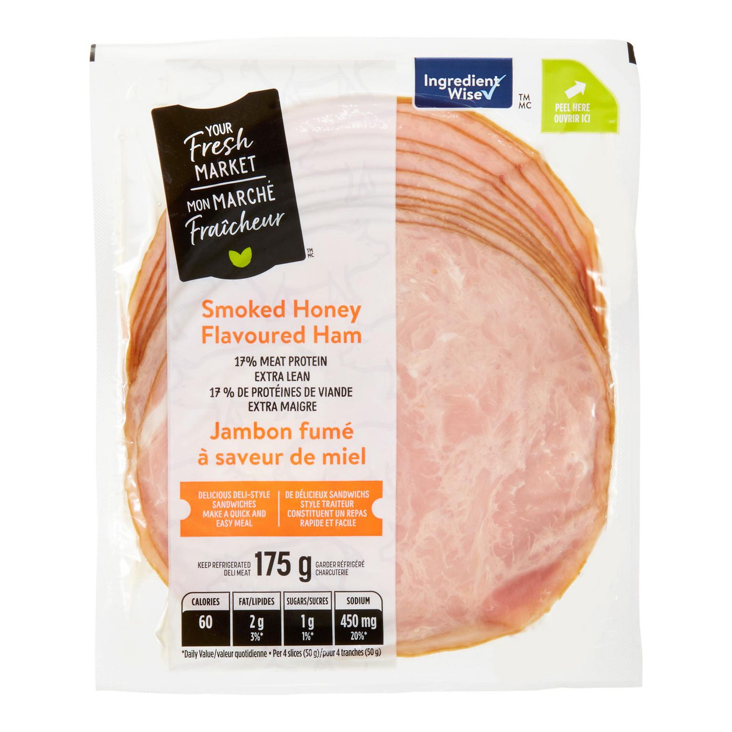 Mon marché fraîcheur Jambon Tranché Aromatisé au Miel Fumé, 175 g. Plateau Transparent Orienté vers l'Avant de Jambon Rose Pré-Tranché avec Légère Marbrure et Étiquette Your Fresh Market; Jambon extra Maigre Entièrement Cuit Fabriqué au Canada, Convient aux sandwiches Style charcuterie et Est Souvent Utilisé sur les Planches de charcuterie.