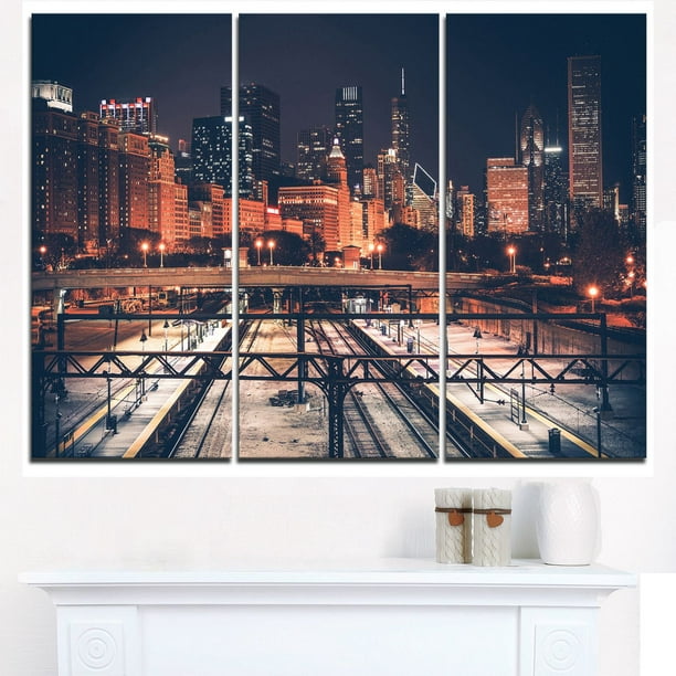 Tableau sur toile imprimée Design Art Paysage urbain Chemin de fer et silhouette de la ville Chicago