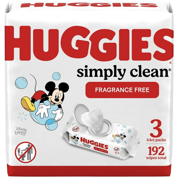 Lingettes pour bébés Huggies Simply Clean, NON PARFUMÉES, 3 emballages à couvercle rabattable, total de 192 lingettes 192 lingettes