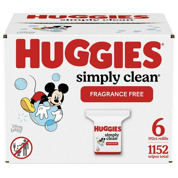Lingettes pour bébés Huggies Simply Clean, NON PARFUMÉES, 6 recharges, sans alcool, hypoallergéniques, total de 1,152 lingettes 1152 lingettes