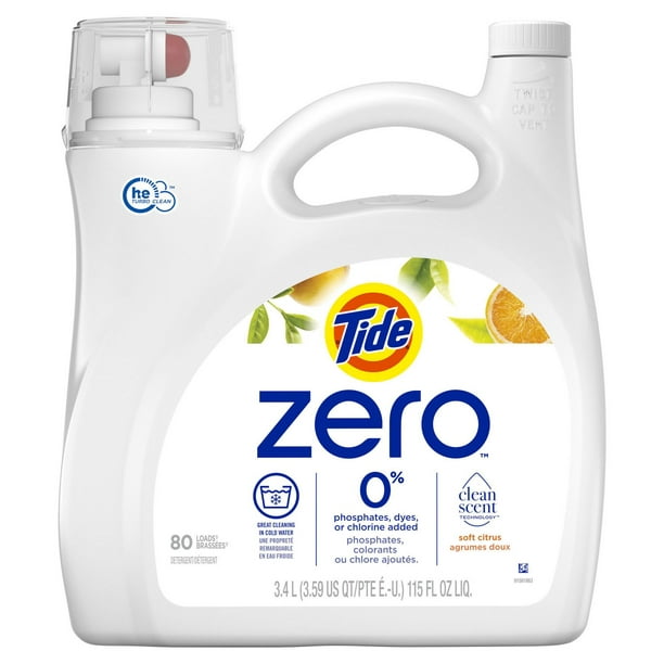 Détergent à lessive liquide Tide Zero, parfum Agrumes doux, technologie  CleanScent 80 brassées, 3,4 L 