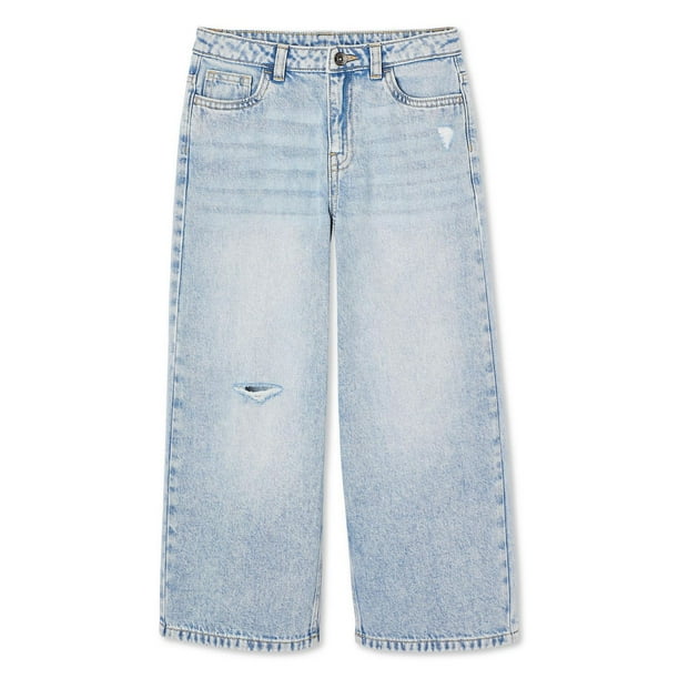Jeans en denim taille haute pour filles - Motif papillon déchiré - Jambe droite - Joli pantalon avec poches, bleu, 5-6 ans