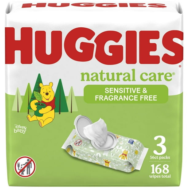 Lingettes pour bébés Huggies Natural Care pour peau sensible, NON PARFUMÉES, 3 emballages à couvercle rabattable, total de 168 lingettes 168 lingettes