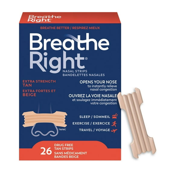 Bandelettes nasales de Breathe Right Plus Fortes, Beige | Soulage instantanément | Sans Médicaments Bandelettes beiges taille unique