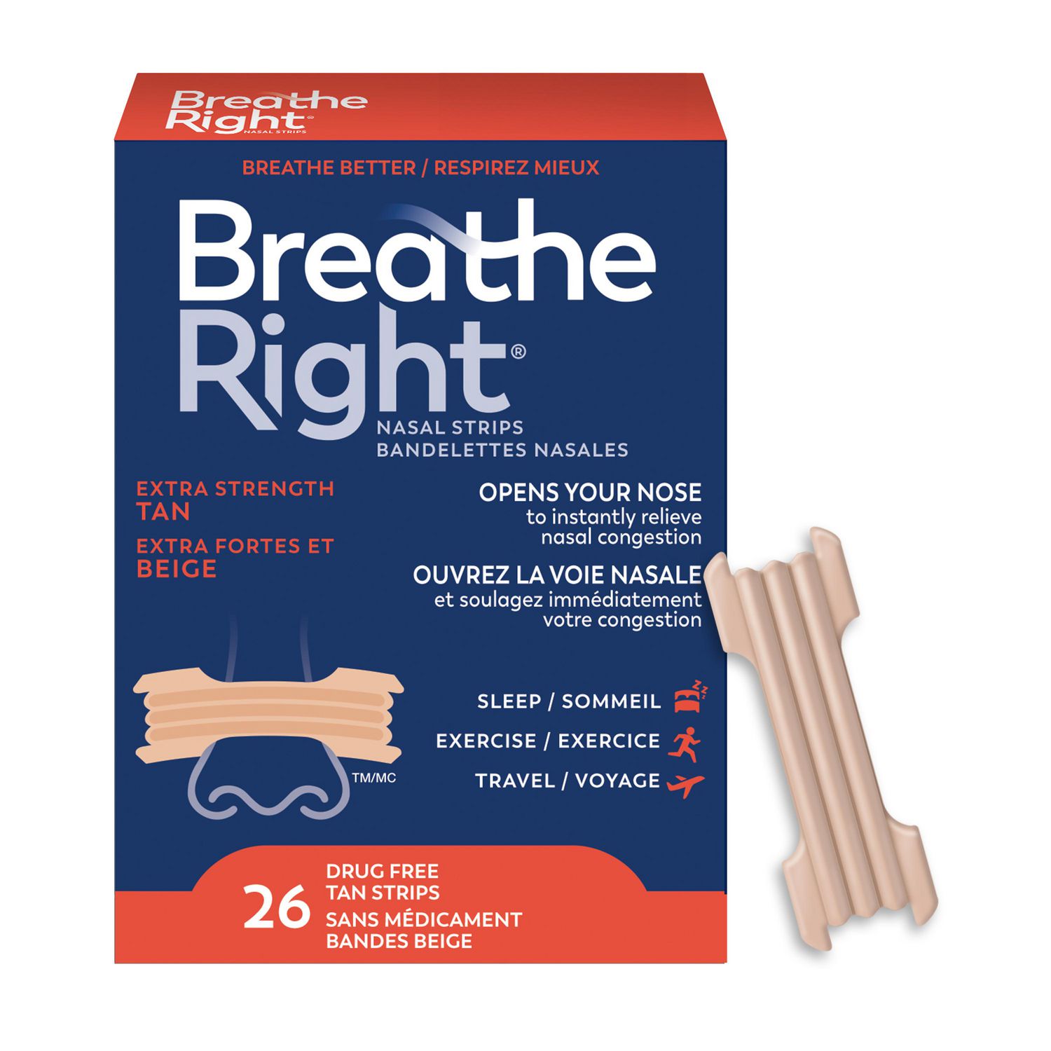 Breathe Right Nasal Strips Tan, Extra Strength, Instantly Relieves Nasal Congestion, 26 Tan Strips