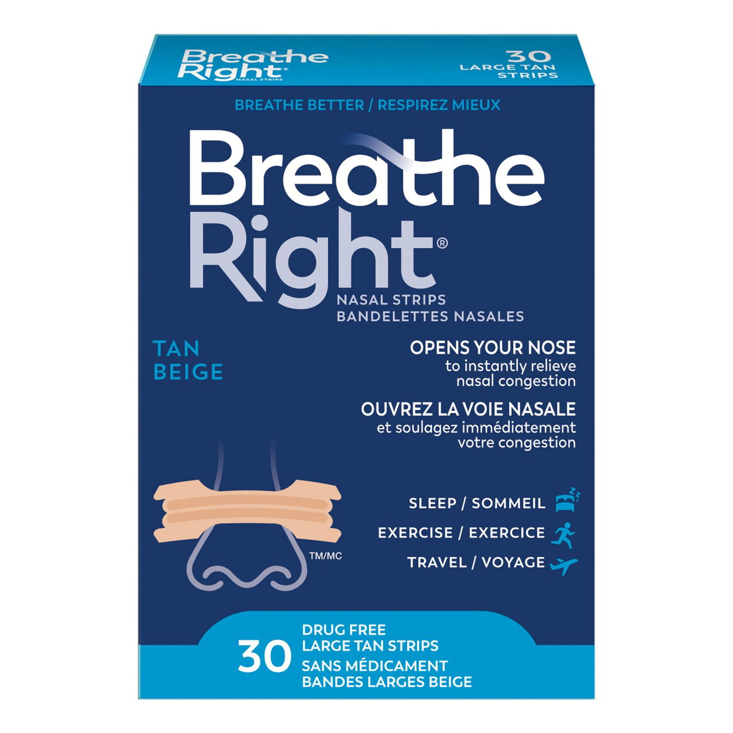 Breathe Right Nasal Strips, Large Tan | Instantly relieves nasal congestion | Drug Free, 30 Large Tan Strips