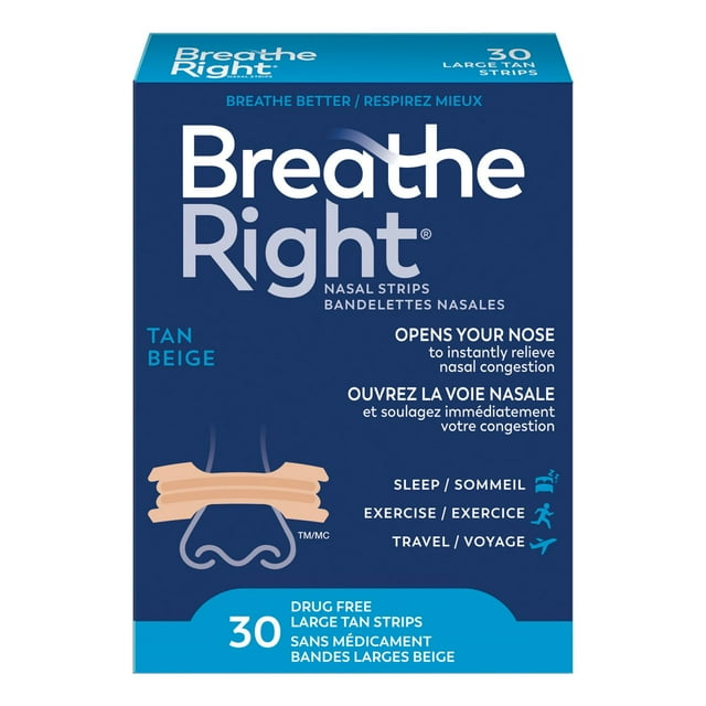 Breathe Right Nasal Strips, Regular Strength Large Tan, Instantly Relieve Nasal Congestion, 30 Large Tan Strips