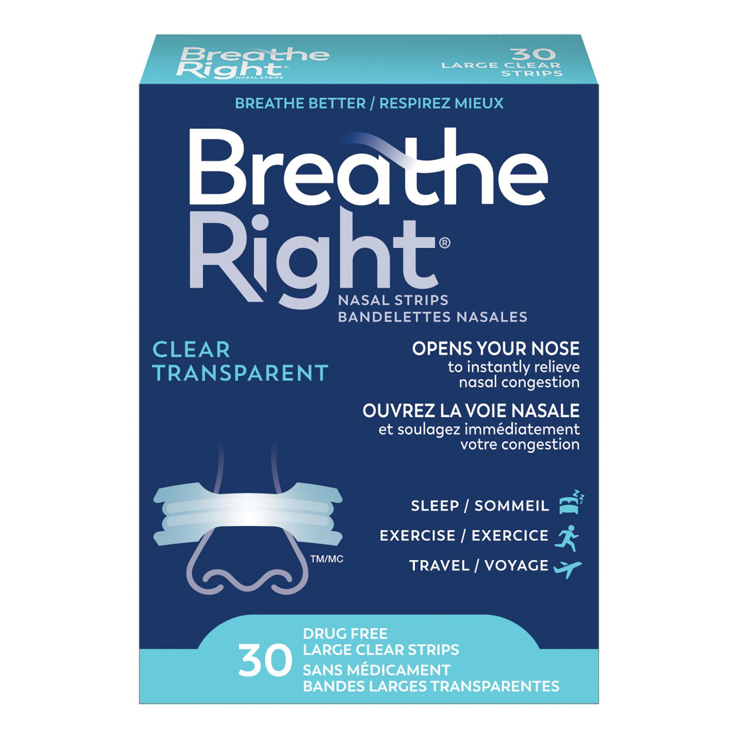 Breathe Right Nasal Strips, Regular Strength Large Clear, Instantly Relieve Nasal Congestion, 30 Large Clear Strips