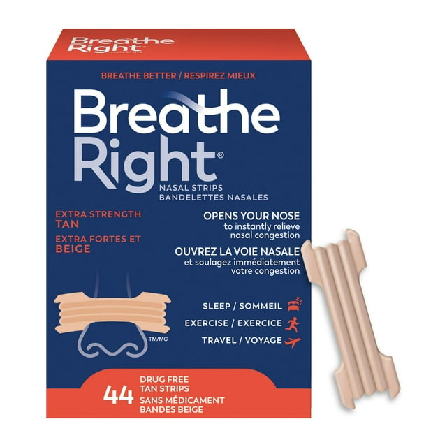 Breathe Right Nasal Strips Tan, Extra Strength, Instantly Relieve Nasal Congestion, 44 Tan Strips