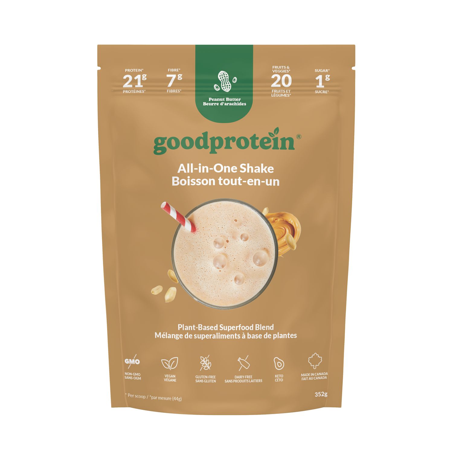 Good Protein, Vegan Protein, Peanut Butter, 100% Natural, Non-GMO, Gluten & Dairy Free, 352g