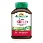 Jamieson Omega Krill Plus 500 mg Softgels, No Fishy Aftertaste, with EPA, DHA, Phospholipids, and Astaxanthin. Supports Hearth Health and Brain Health, Non-GMO, Gluten-Free, 60 Count, Proudly Canadian