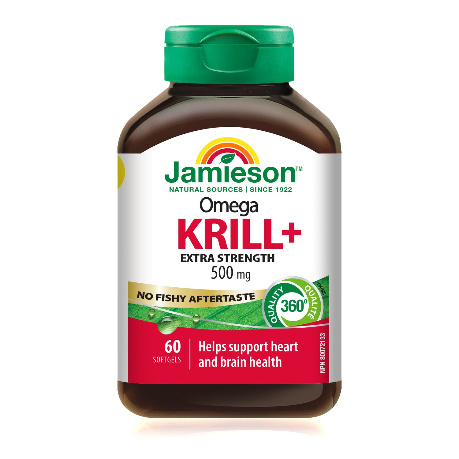Jamieson Omega Krill Plus 500 mg Softgels, No Fishy Aftertaste, with EPA, DHA, Phospholipids, and Astaxanthin. Supports Hearth Health and Brain Health, Non-GMO, Gluten-Free, 60 Count, Proudly Canadian