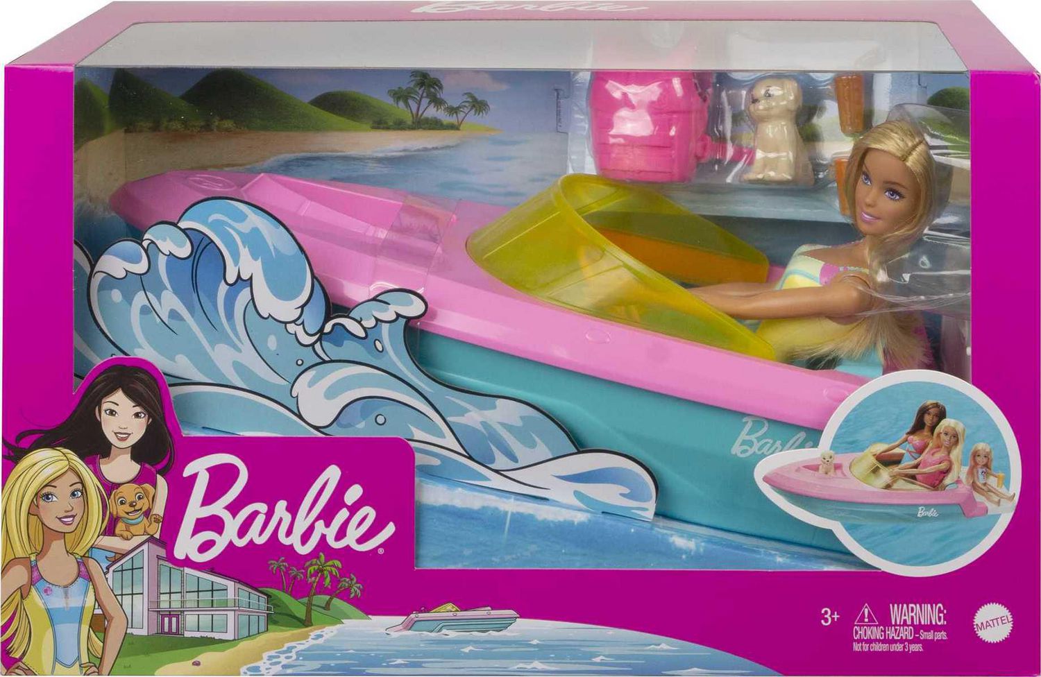 Barbie Doll and Boat Playset with Pet Puppy, Life Vest and