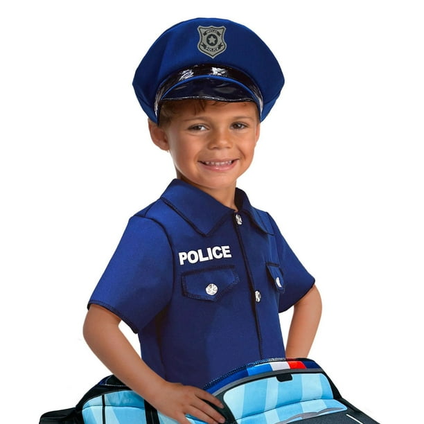 petite voiture de police bleue en bois jouet pour enfant Stock