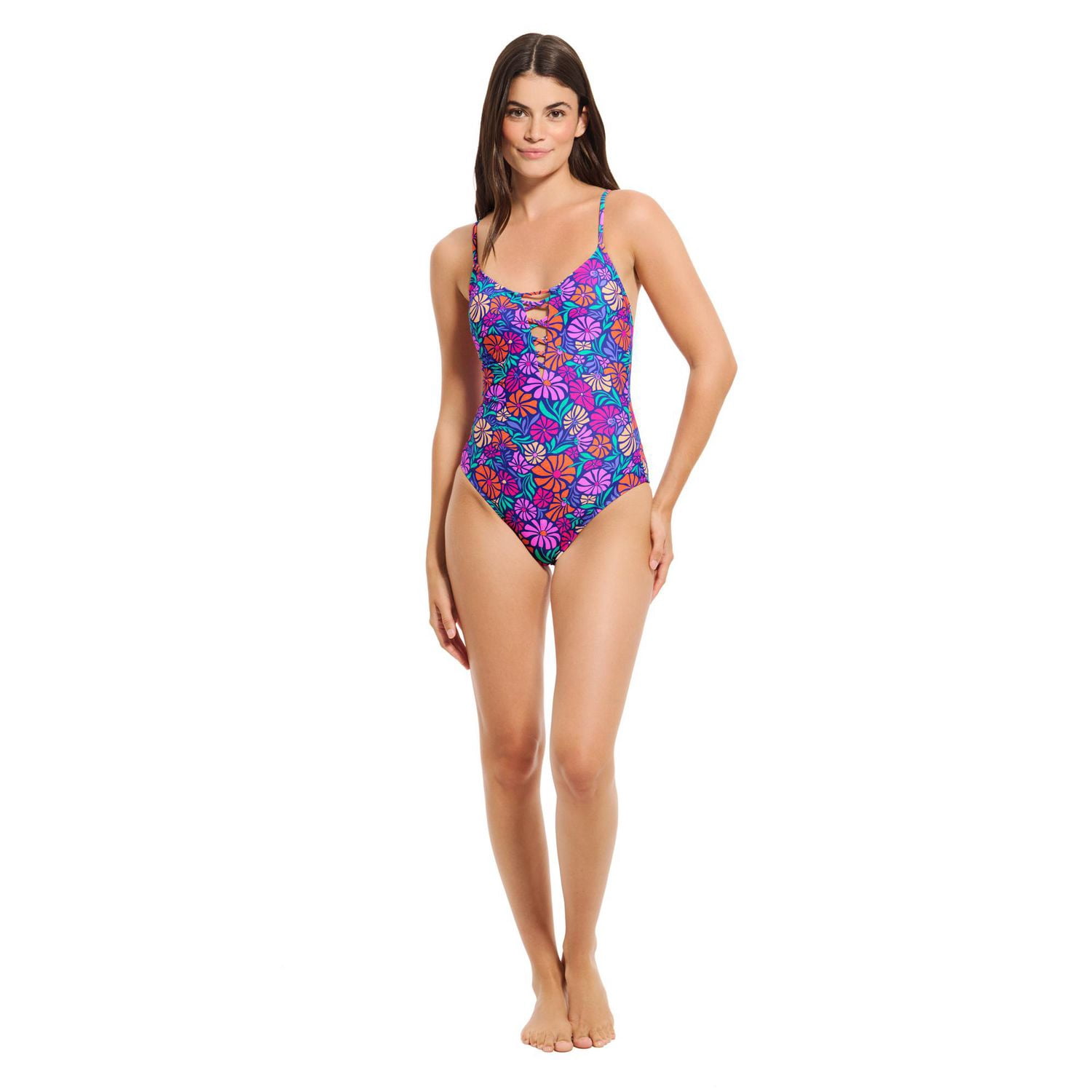 Summer Flirtt Women's Textured Lace-up Front One Piece High Leg Swimsuit