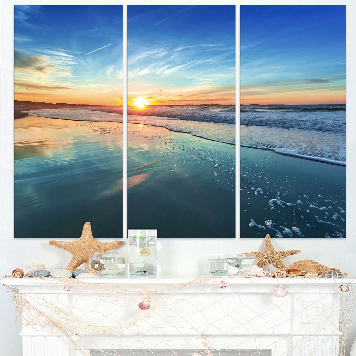 Design Art Blue Seashore with Distant Sunset Seashore Canvas Wall Art ...