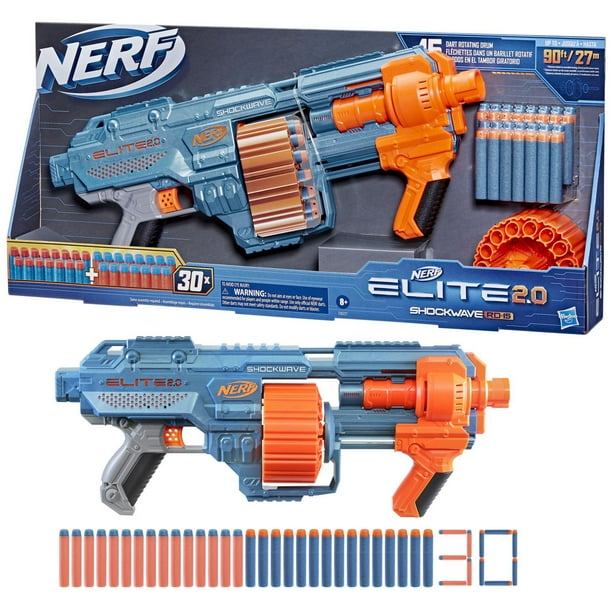 Nerf Elite 2.0, blaster Shockwave RD-15, 30 fléchettes Nerf, barillet  rotatif 15 fléchettes, mécanisme à pompe, personnalisable 8 ans et plus 