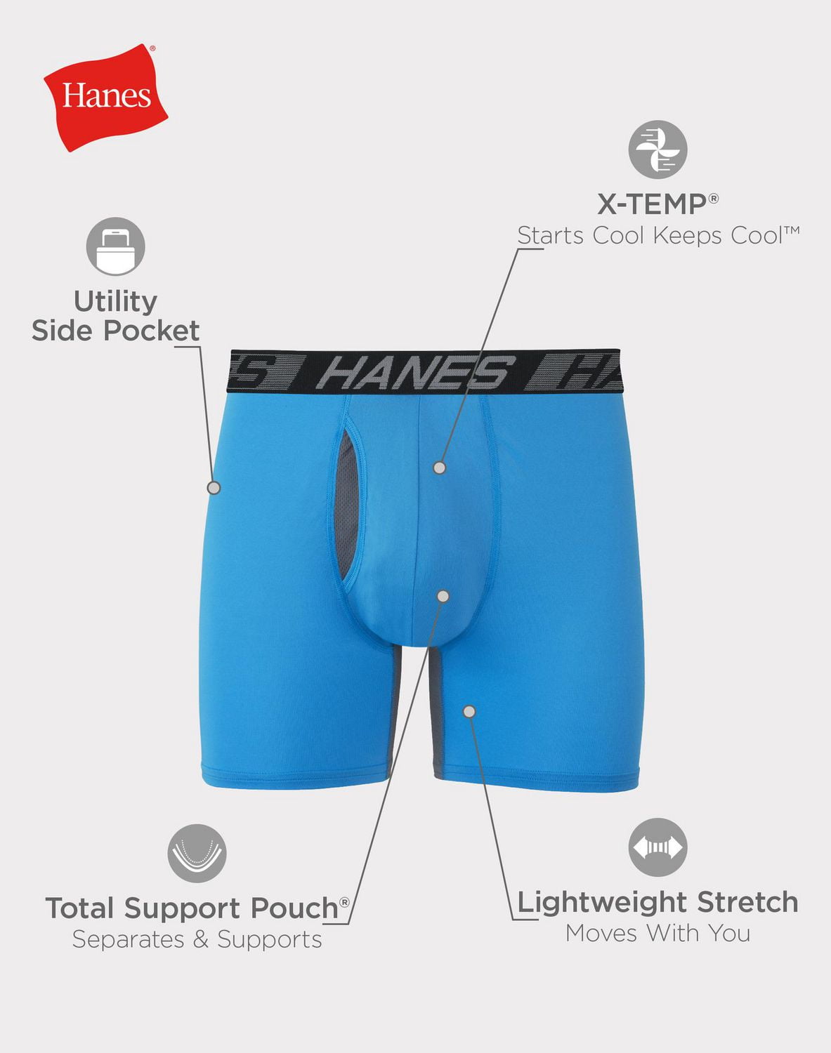 Hanes X-Temp Total Support Pouch Men's Boxer Briefs Pack, Anti-Chafing, Moisture-Wicking Underwear, 3 Pack