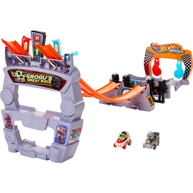 Hot Wheels RacerVerse, Star Wars Track Set with 2 Hot Wheels Racers Inspired by Star Wars: Grogu & the Mandolorian