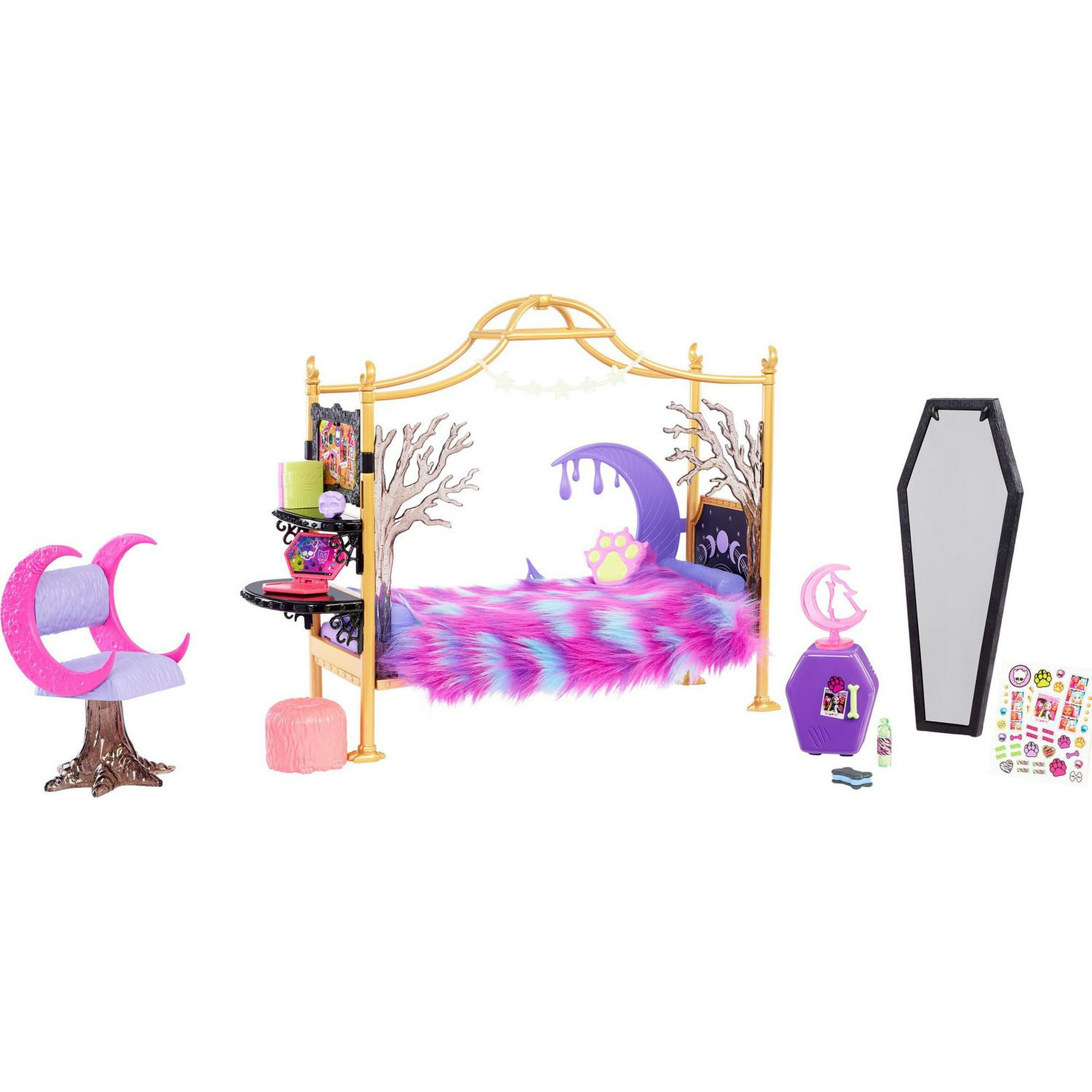 Polly Pocket Monster High Playset with 3 Micro Dolls & 10 Accessories,  Opens to High School, Collectible Travel Toy with Storage