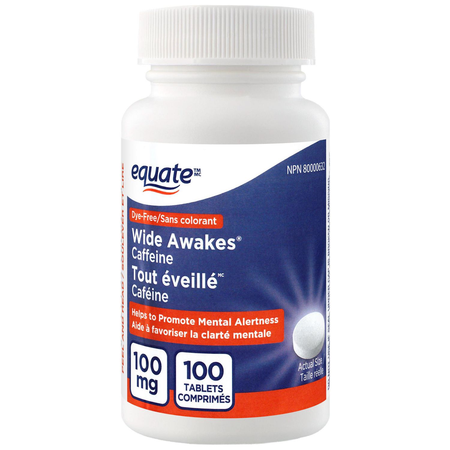 Equate Wide Awakes Caffeine, 100 mg front-facing white bottle of tablets with blue Equate label showing dosage; 100 mg caffeine per tablet. Directions: adults 18+ take 1–2 tablets every 3–4 hours, max 10 in 24 hours. Often used as a short-term alertness aid.