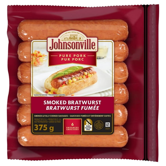 Johnsonville Gluten Free Smoked Bratwurst Sausage, JVL Smoked Bratwurst SSG 375g