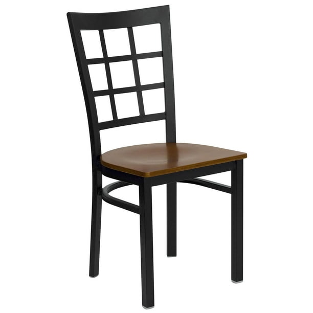 Chaise de restaurant en métal noir de la série HERCULES avec dossier fenêtre - siège bois de cerisier