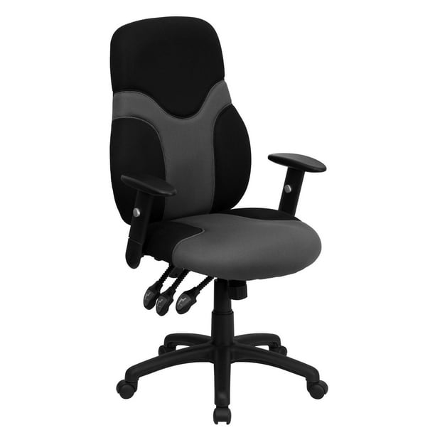 Chaise de travail ergonomique pivotante en maille noire et grise à dossier haut avec appui-bras réglable