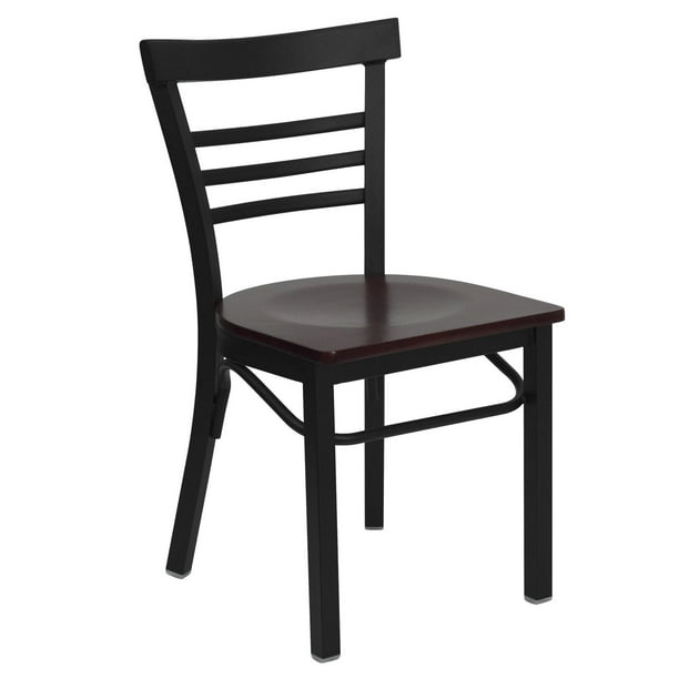 Chaise de restaurant en métal noir de la série HERCULES avec dossier échelle  à trois lattes - siège bois d'acajou 