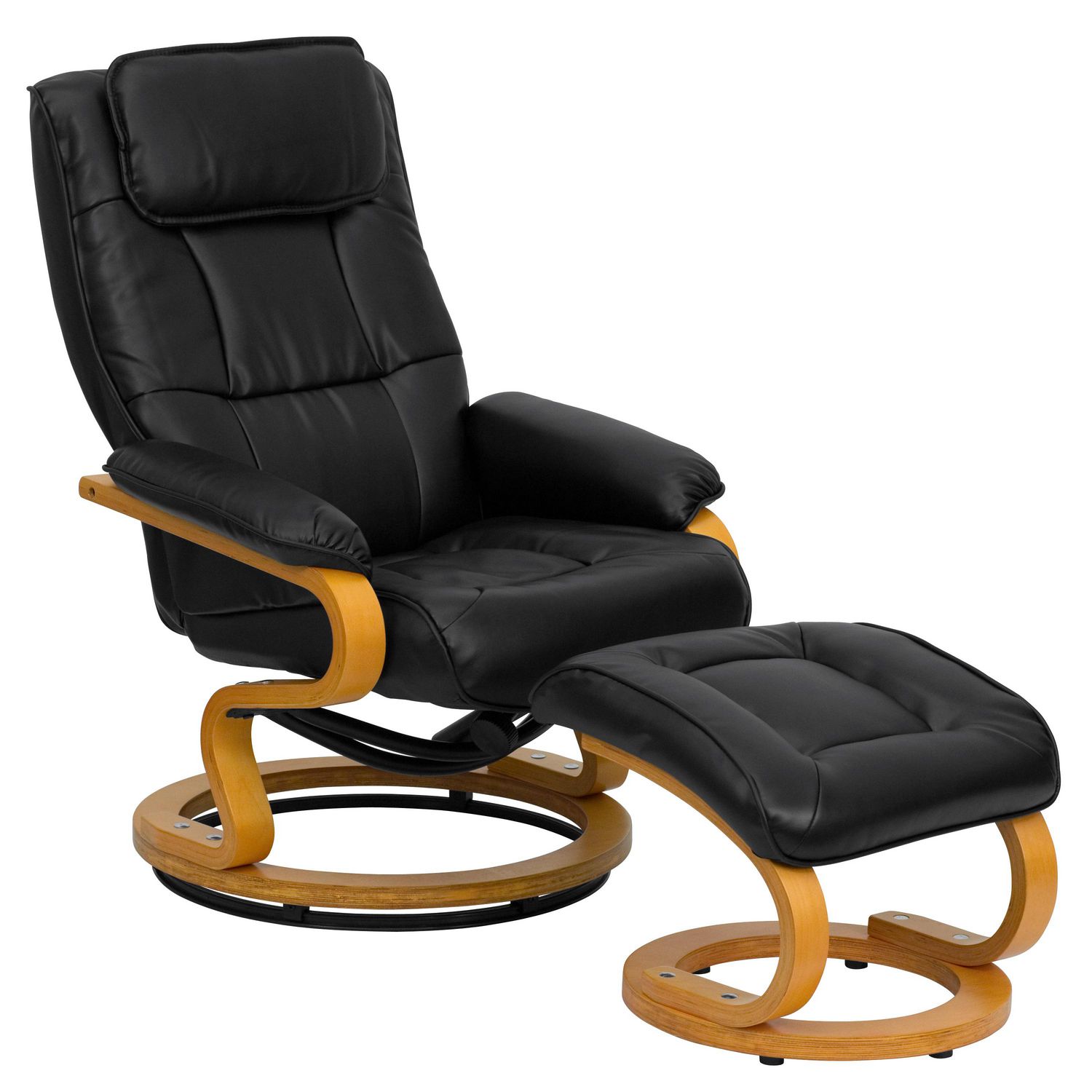 Contemporary Black Leather Recliner and Ottoman with Swiveling Maple