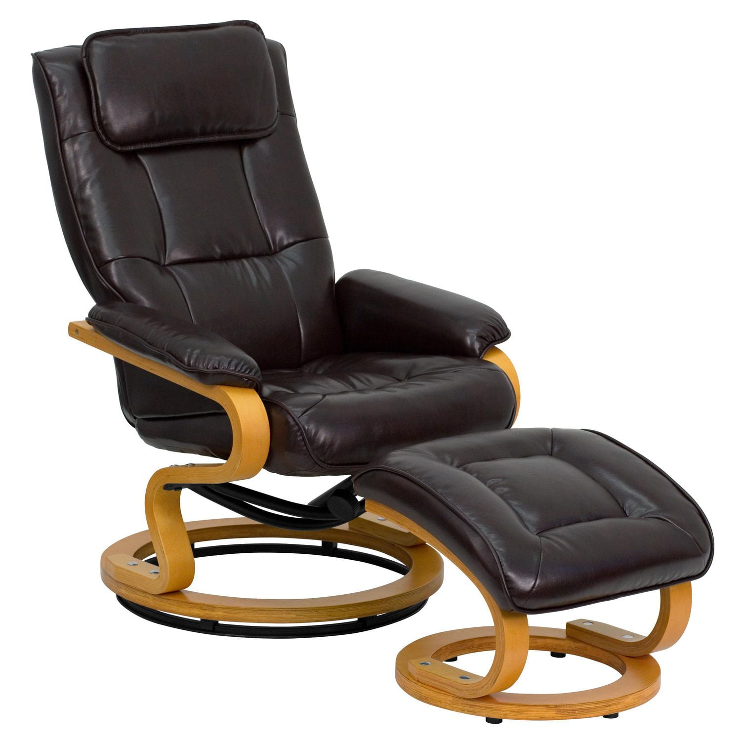 Contemporary Brown Leather Recliner and Ottoman with Swiveling Maple Wood Base Walmart Canada