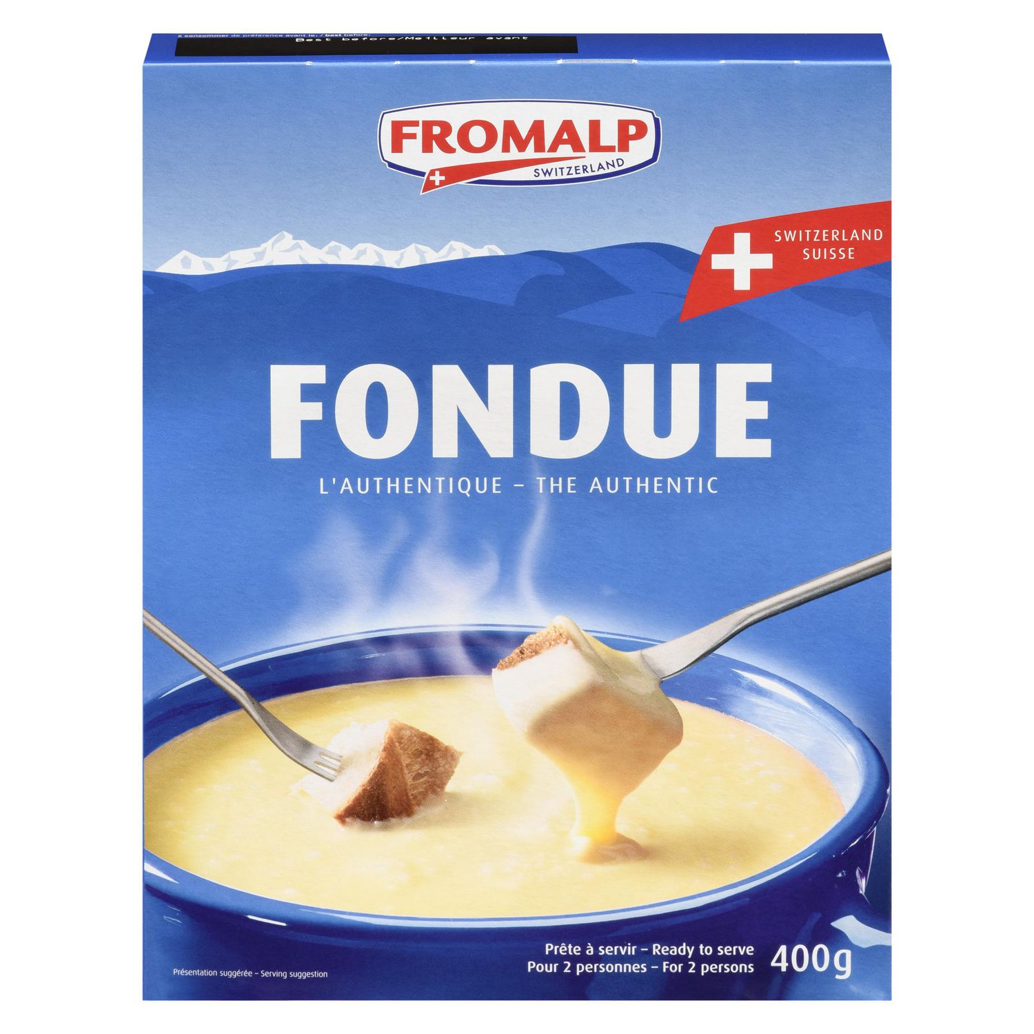 Fromalp Fondue Fromage Préparé selon une Recette Traditionnelle de Fondue Suisse, Fait avec des Fromages Naturels de Suisse et Étiqueté Sans Agents de Conservation, Colorant Artificiel, Arôme Artificiel Ou Exhausteurs de Saveur; Présentation de Produit Centrée sur un Fond Neutre, Souvent Utilisée pour Tremper du Pain Croûteux Ou comme sauce au Fromage pour des Pommes de Terre Bouillies Ou des Pâtes.