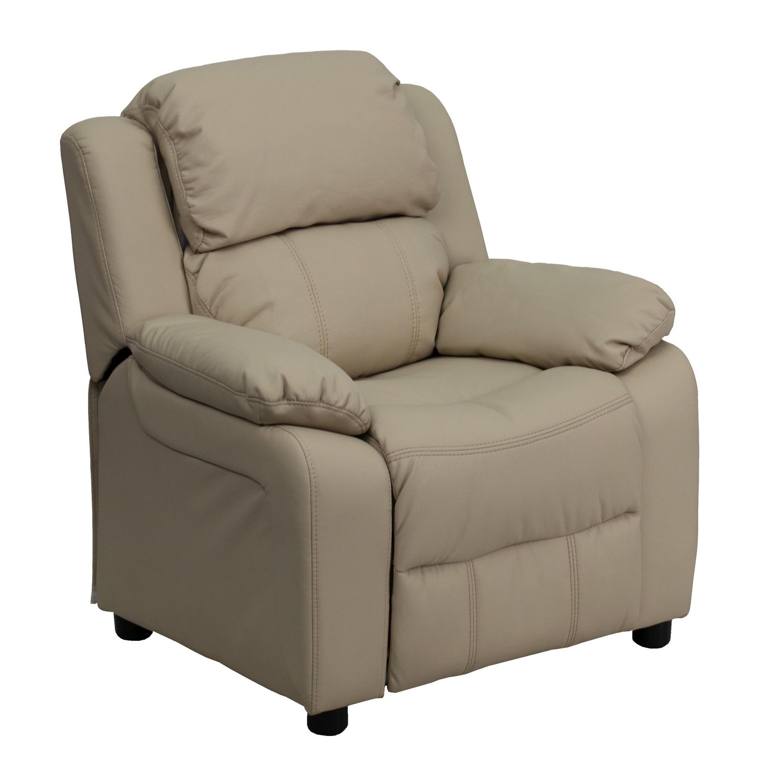 Deluxe Padded Contemporary Beige Vinyl Kids Recliner with Storage Arms ...