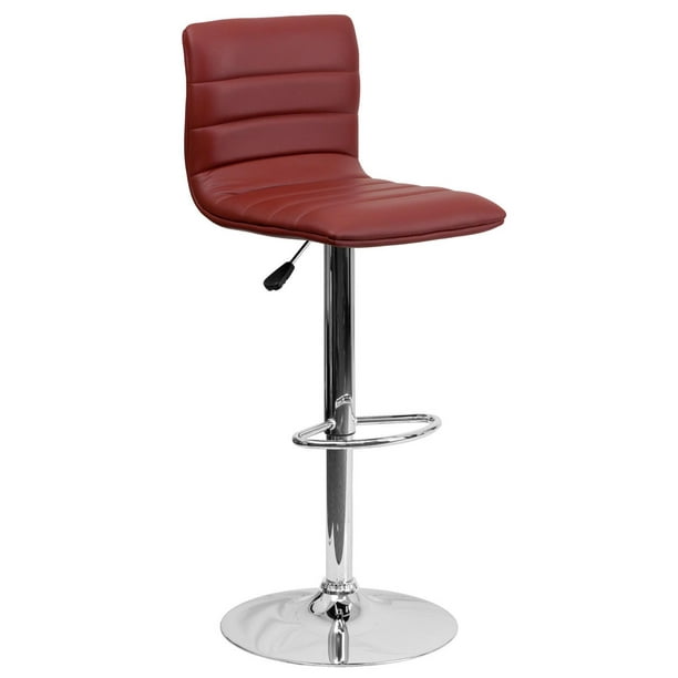 Contemporary Burgundy Vinyl Adjustable Height Barstool with Horizontal Stitch Back and Chrome Base