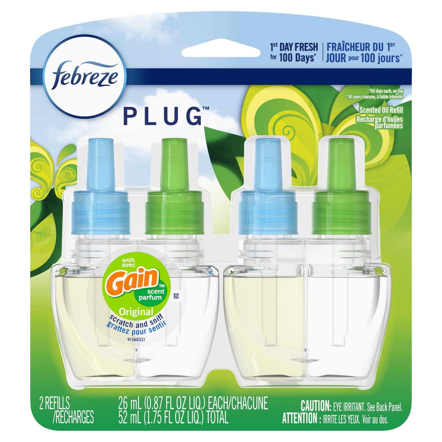 Recharges d'assainisseur d'air éliminateur d'odeurs Febreze PLUG Fade Defy,  parfum Gain Original (2) recharges d'huile de 26 mL 