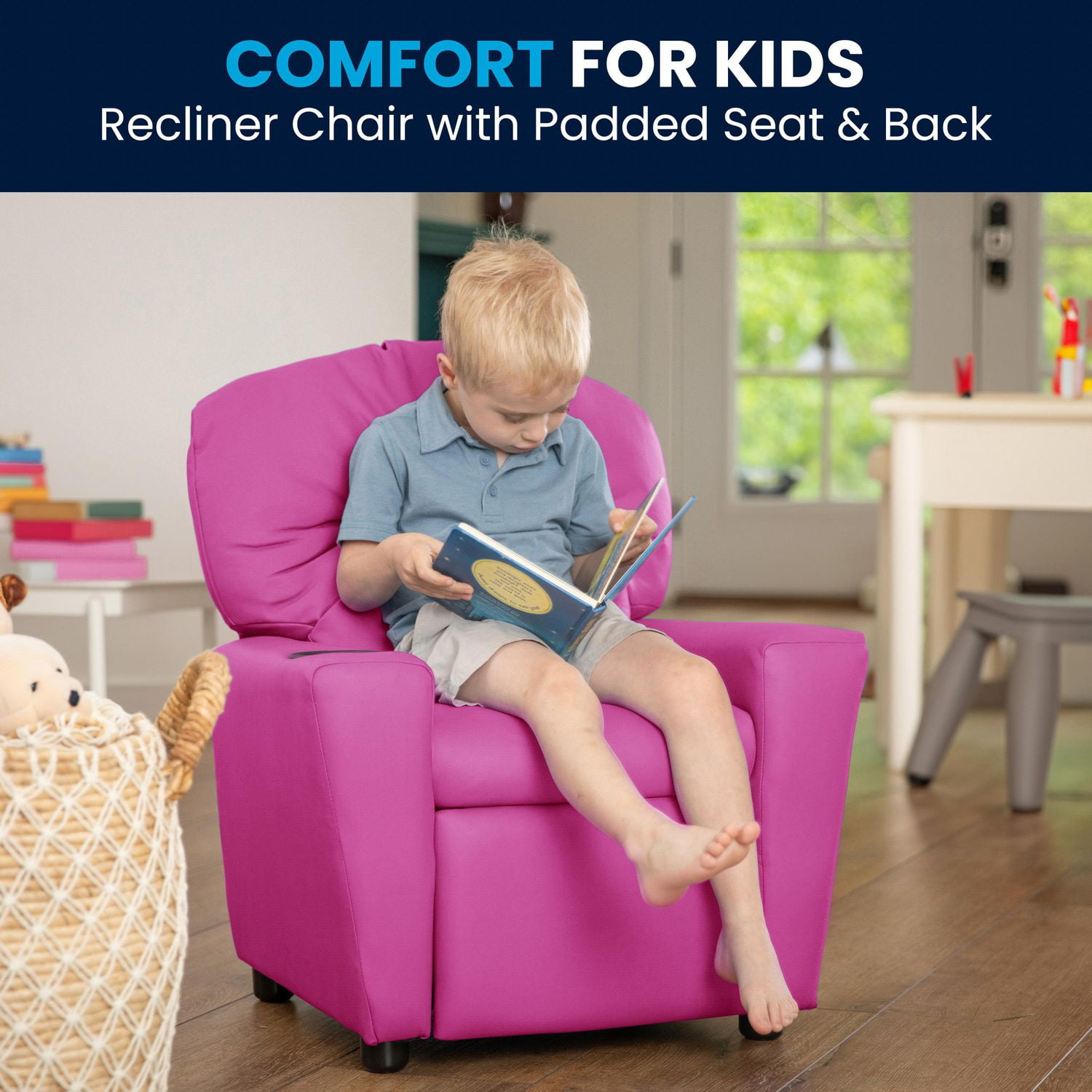 Contemporary Hot Pink Vinyl Kids Recliner with Cup Holder Walmart