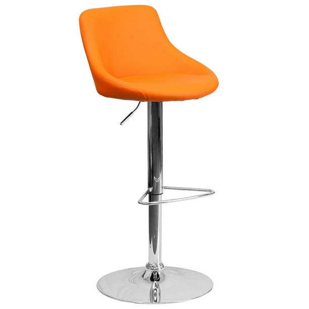 Tabouret de bar contemporain en vinyle orange à hauteur réglable avec siège baquet et base en chrome