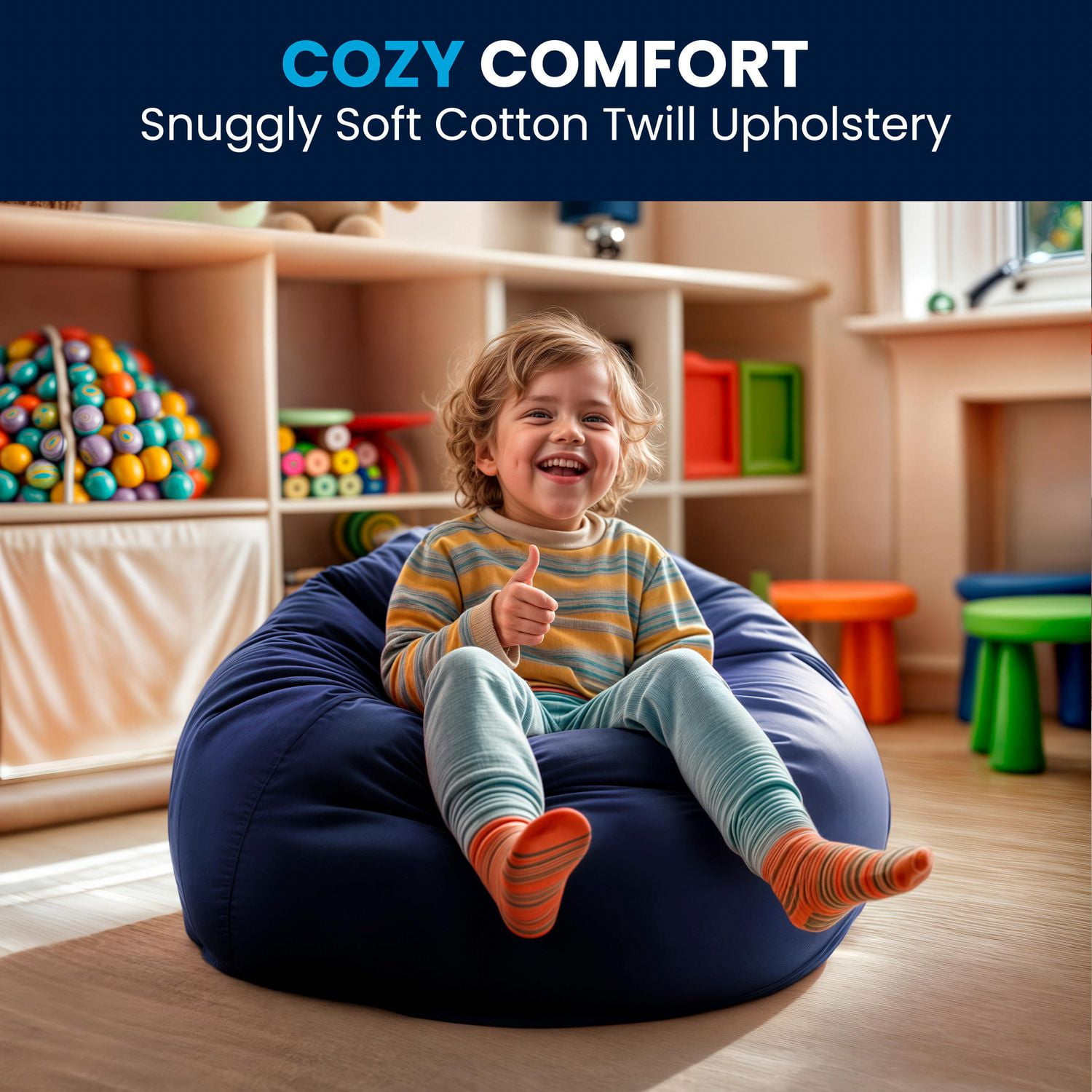 Small Solid Navy Blue Kids Bean Bag Chair