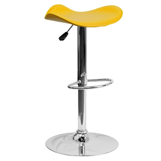 Tabouret de bar contemporain en vinyle jaune à hauteur réglable avec siège ondulé et base en chrome