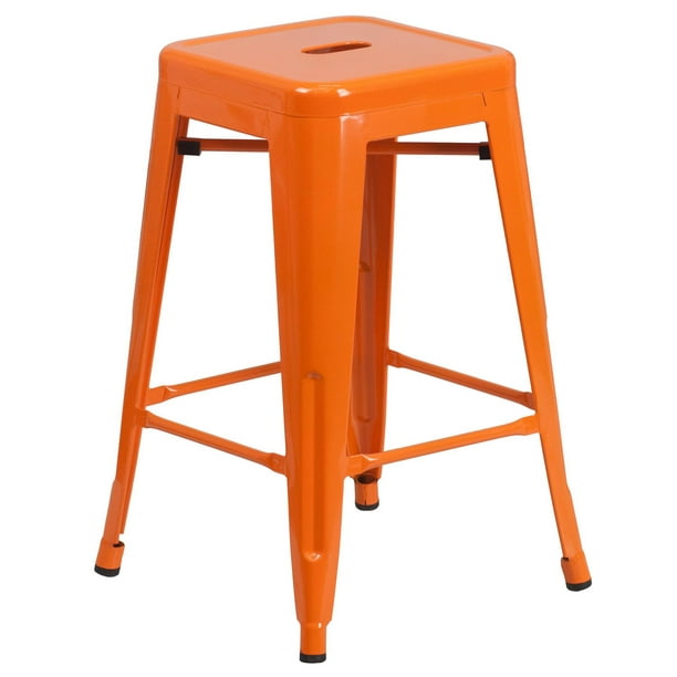 Tabouret à la hauteur de comptoir sans dossier en métal orange de 24 pouces de hauteur pour l'intérieur et l'extérieur avec siège carré