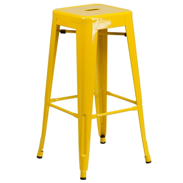 Tabouret de bar sans dossier en métal jaune de 30 pouces de hauteur pour l'intérieur et l'extérieur avec siège carré