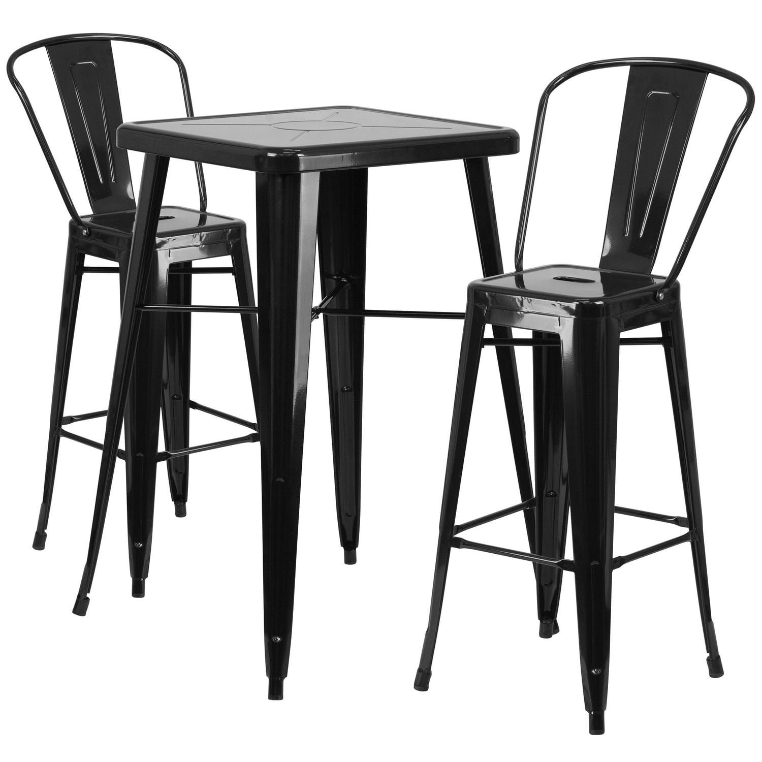 23.75'' Square Black Metal IndoorOutdoor Bar Table Set with 2 Stools