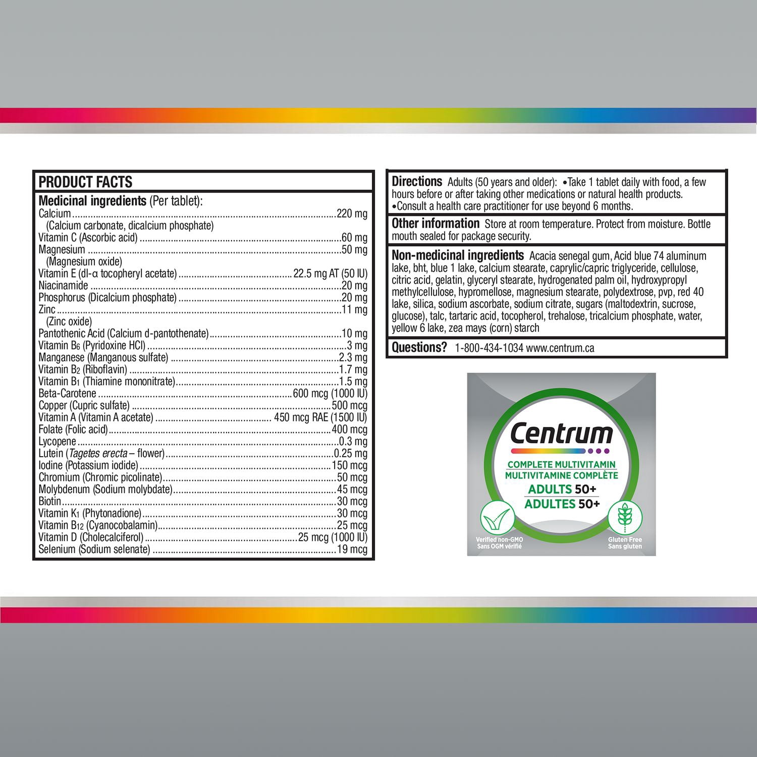 Centrum Adultes 50+, Formule complète, supplément de multivitamines et minéraux éprouvé en clinique pour soutenir la mémoire et la santé cognitive, 250 comprimés