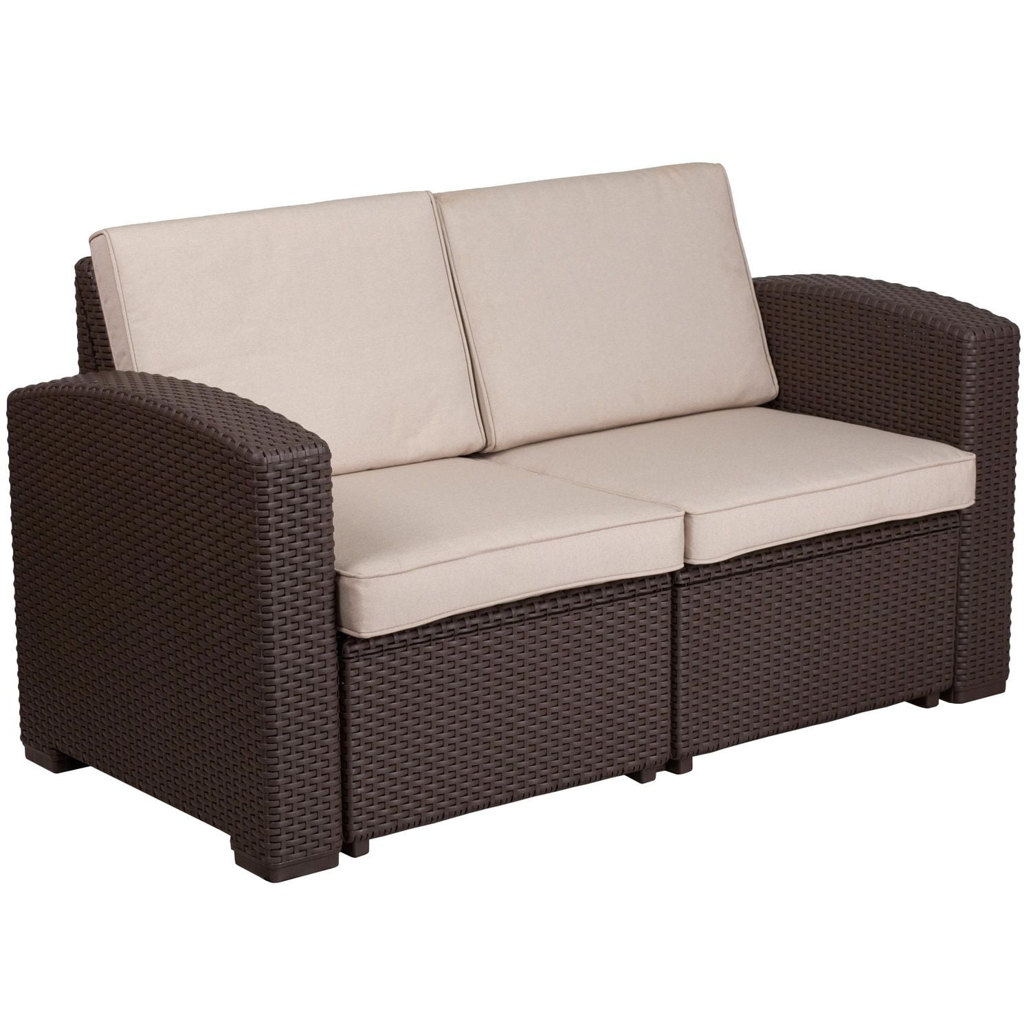 Chocolate Brown Faux Rattan Loveseat with AllWeather Beige Cushions