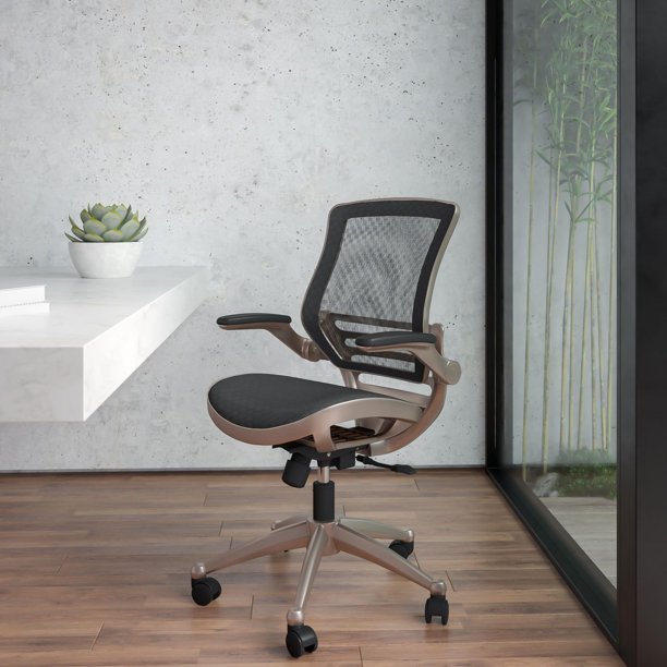 Mid-Back Transparent Black Mesh Executive Swivel Chair with Melrose Gold  Frame and Flip-Up Arms 