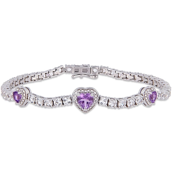 Tangelo 7-3/4 Carat T.G.W. Amethyst And Created White Sapphire Sterling Silver Heart HALO Tennis Bracelet, 7"