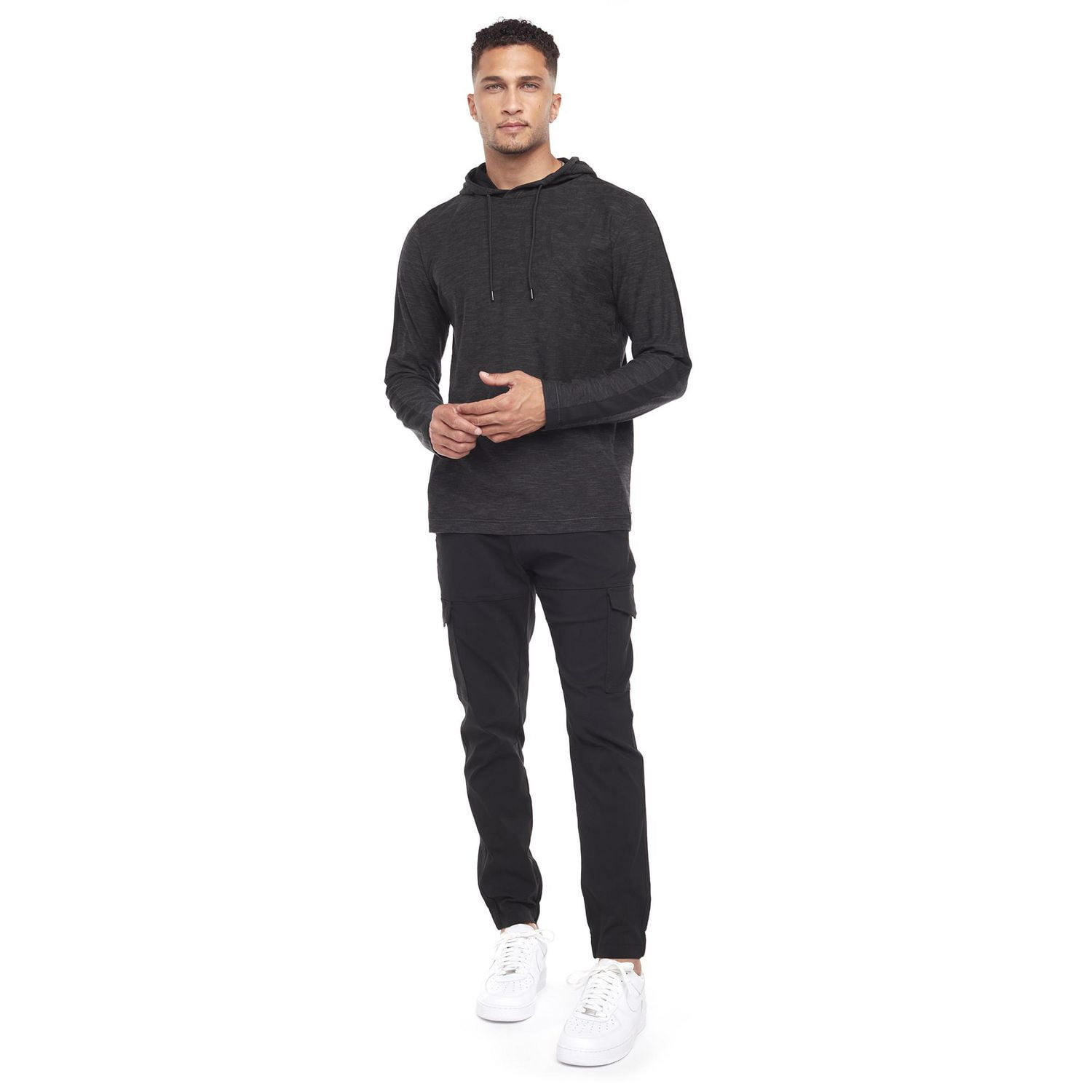 Dark Black Men's Long-Sleeve Hooded T-Shirt