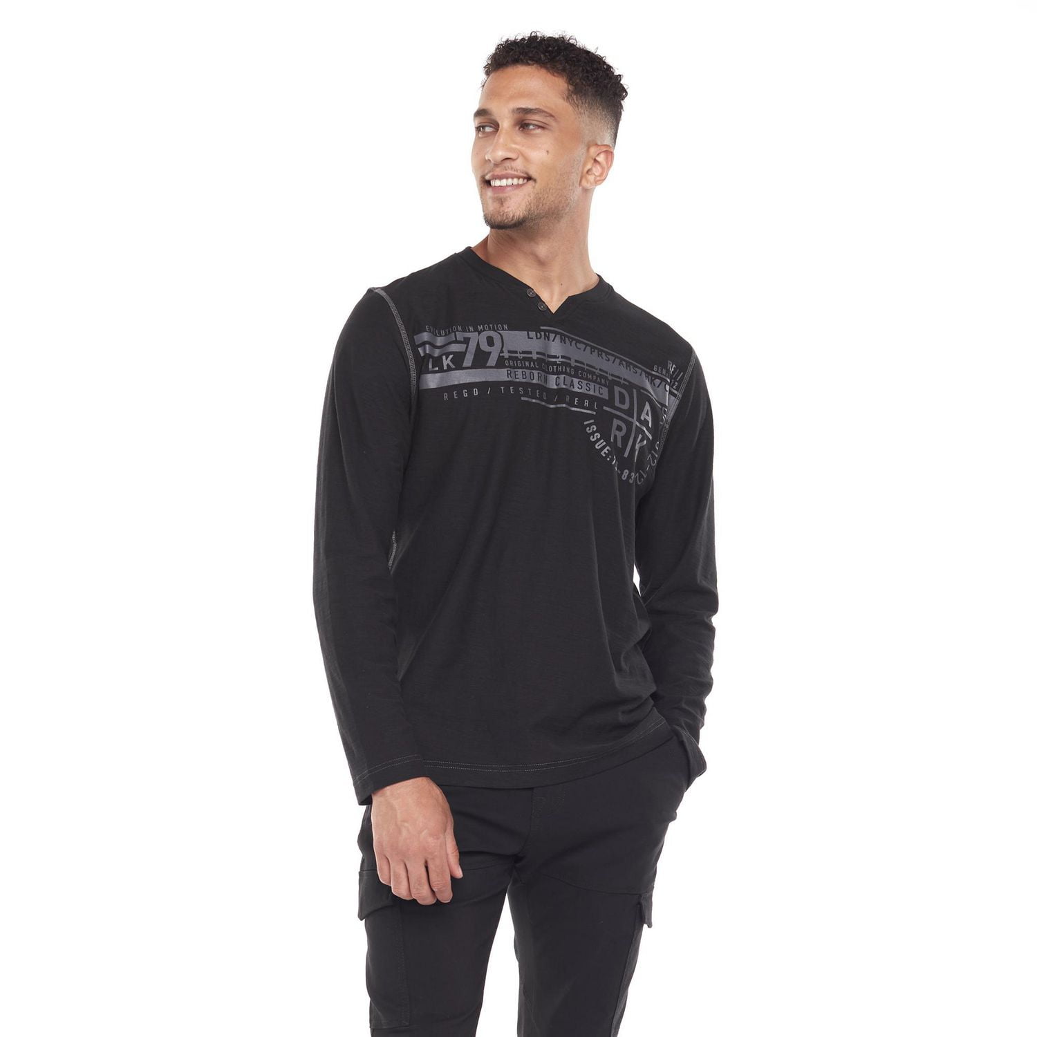 Dark Black Men's Long-Sleeve Graphic Henley T-Shirt