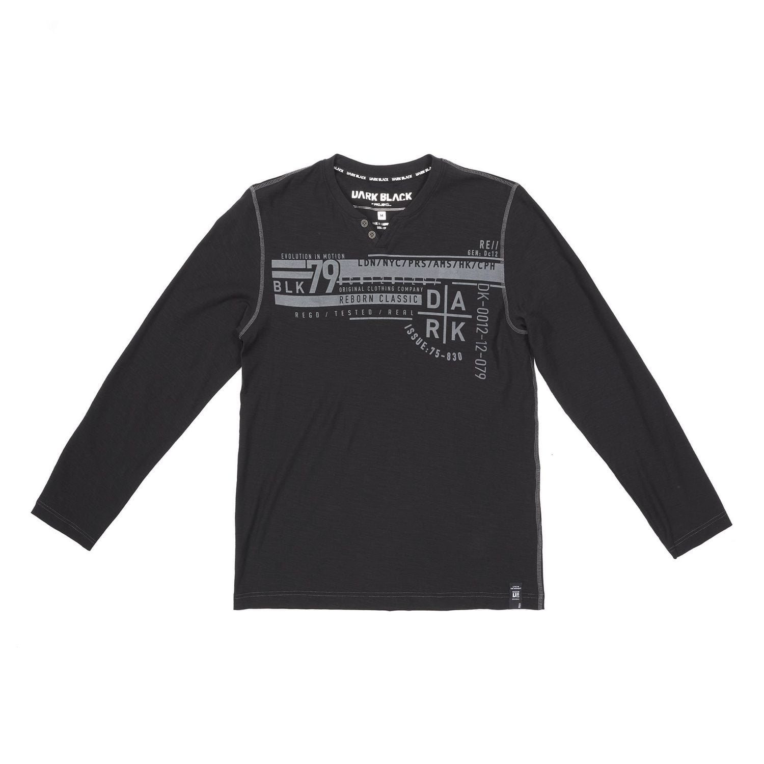 Dark Black Men's Long-Sleeve Graphic Henley T-Shirt