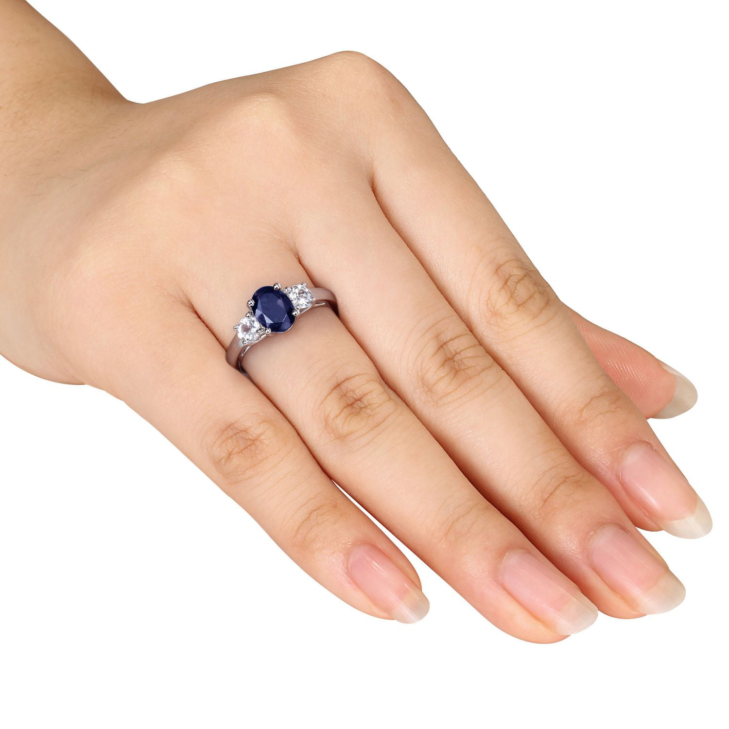 Tangelo 2.63 Carat T.G.W. Oval and Round-Cut Created Blue and White Sapphire Sterling Silver Three-Stone Engagement Ring